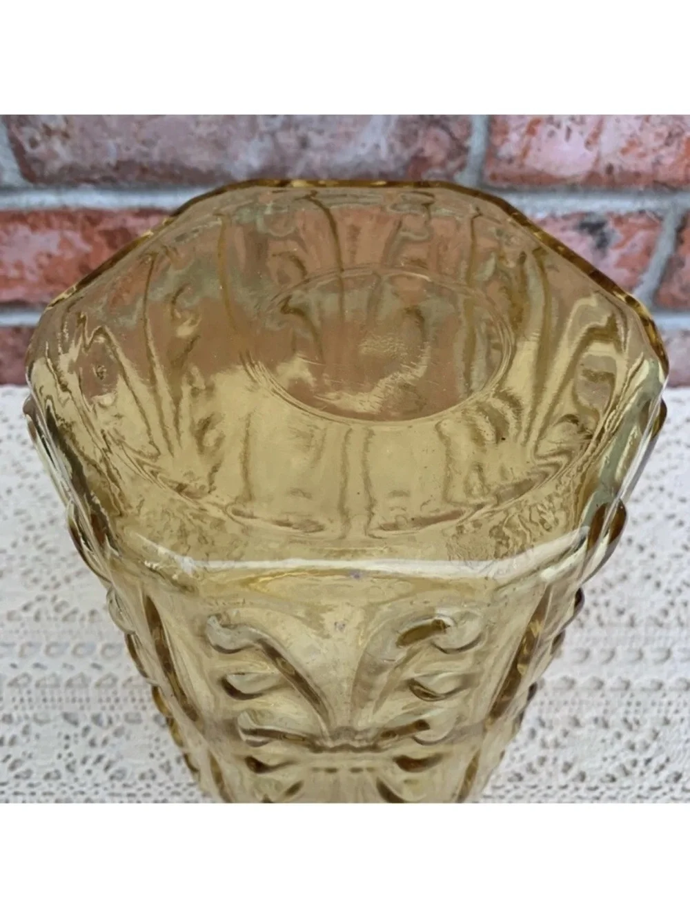Vintage LE Smith Yellow Amber Atterbury Scroll Glass Canister Jar With Lid